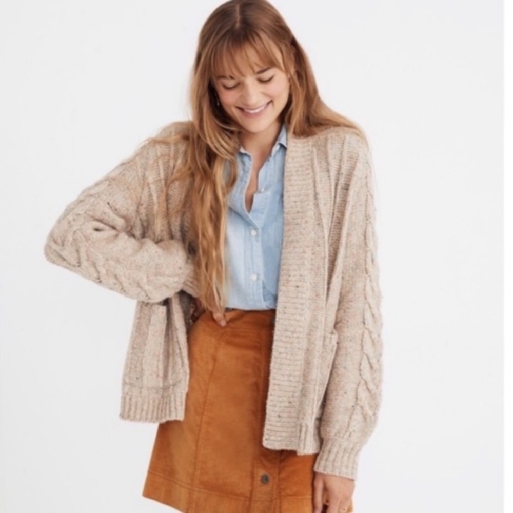 Madewell Bubble Sleeve Cable Knit Cardigan Sweater
